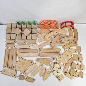 Wooden Railway Train Track Lot of 70+ Pieces Curved Straight Bridges Risers